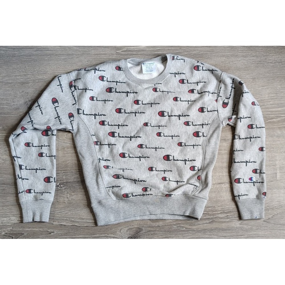 Champion Reverse Weave Gray‎ All-over Logo Crewneck Sweatshirt Sz S *READ*